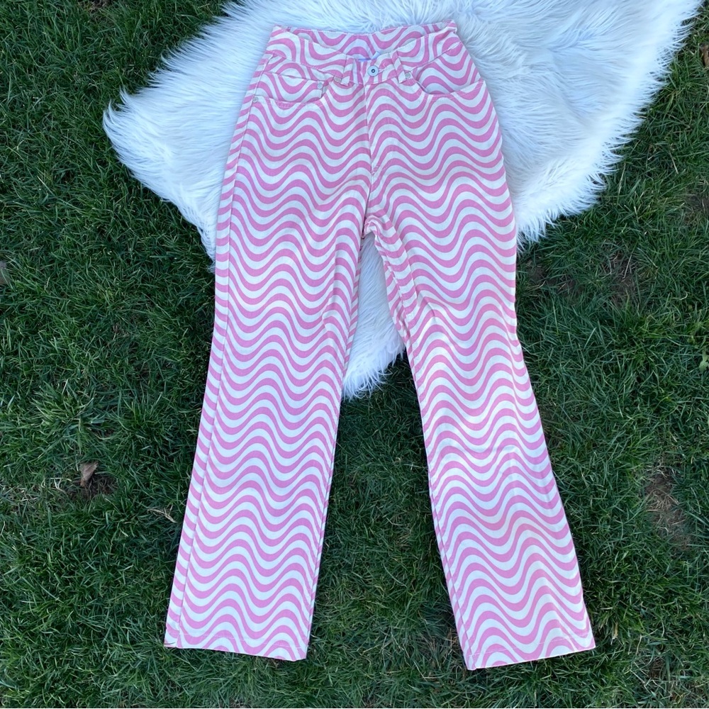 The Ragged Priest Wide Leg Dad Fit Pink White Wave Print Jeans Size 24